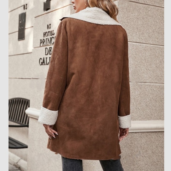 Cozy Camel Tan Sherpa Lined Vegan Suede Jacket Coat - Picture 6 of 6